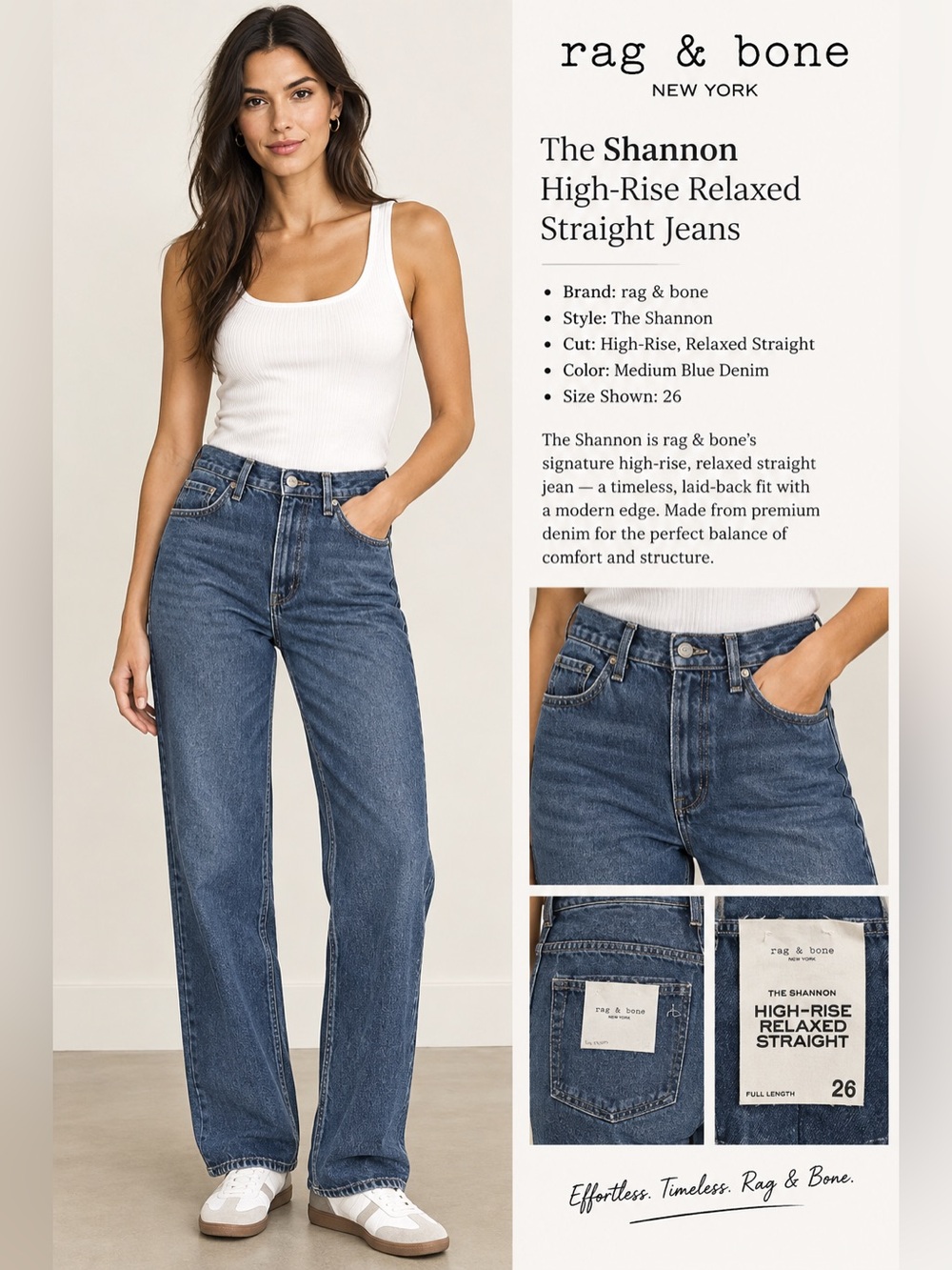 rag & bone High-Rise Relaxed Straight Jeans, Medium Blue Denim + A GIFT 🎁
